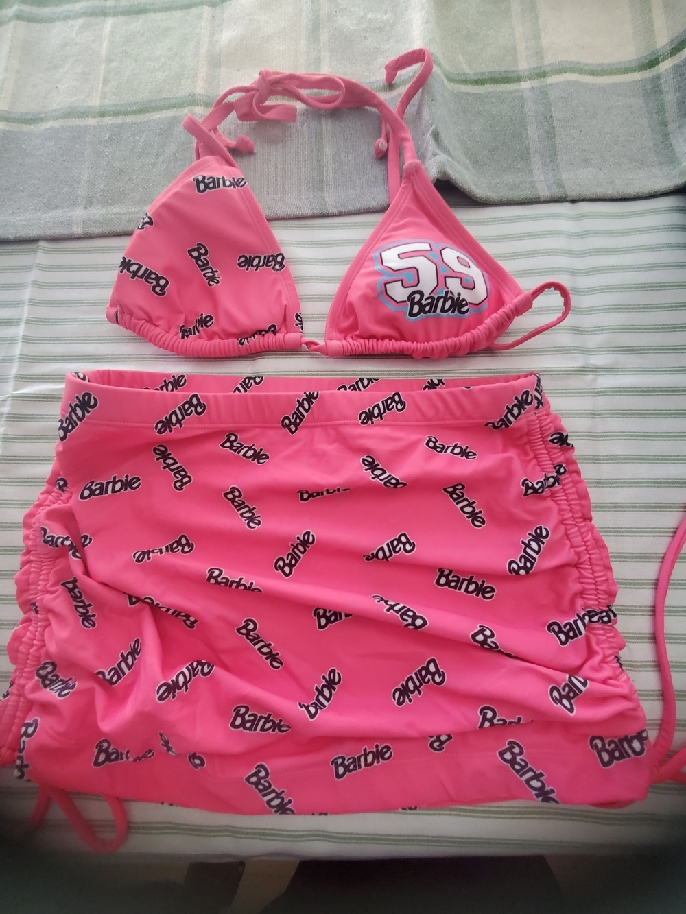 Barbie Bright Pink Logo Triangle Bikini with Ruched Skirt